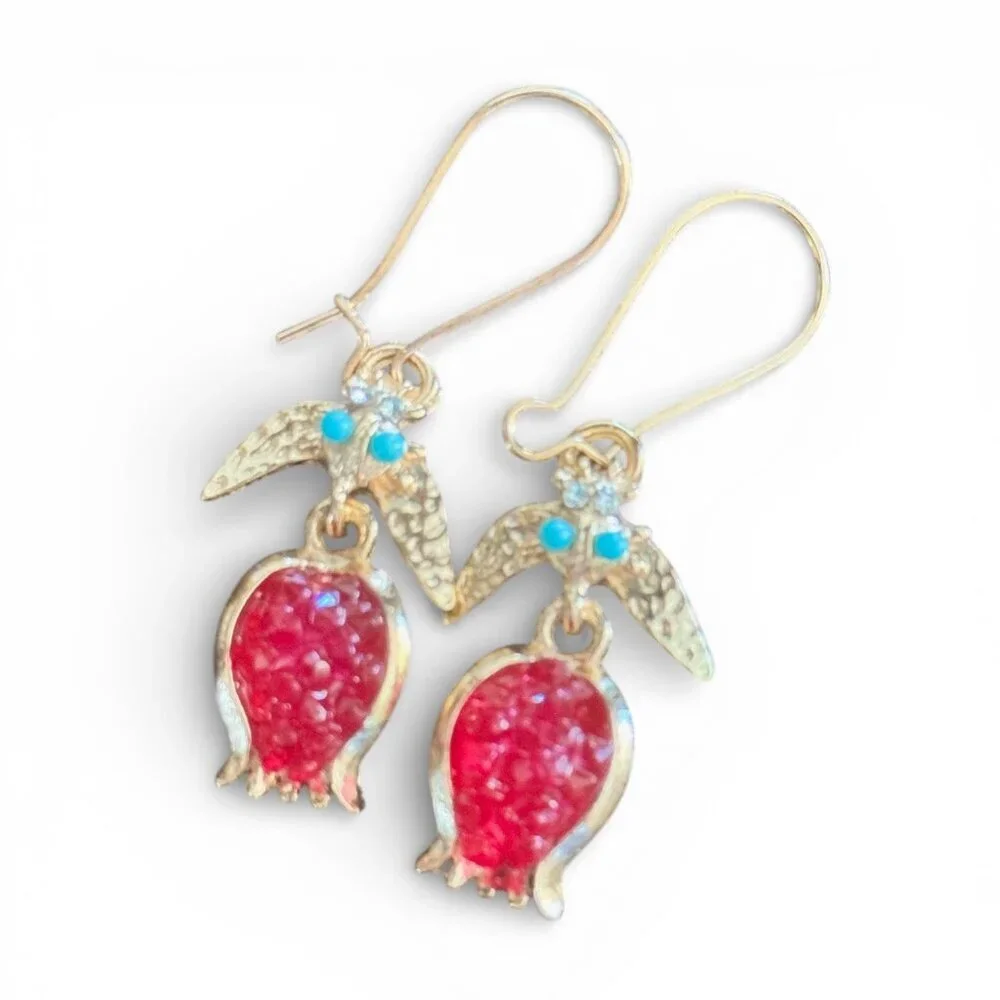 Gold Tone Pomegranate Dangle Earrings Red Crystal Fruit Hook Drop - NEW